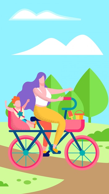 Mutter und sohn auf fahrrad-flacher vertikaler illustration