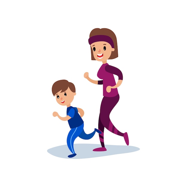 Mutter und Sohn, die zusammen laufen, Sportfamilie und körperliche Aktivität mit Kindervektorillustration lokalisiert auf einem weißen Hintergrund