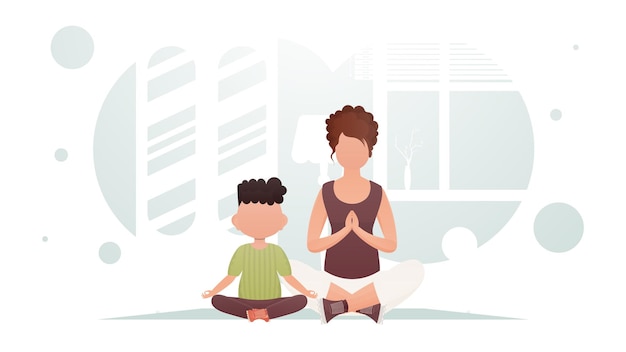 Vektor mutter und sohn sitzen meditierend im yoga-cartoon-stil
