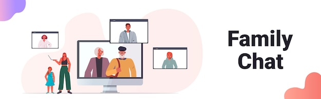 Mutter und tochter haben ein virtuelles treffen mit familienmitgliedern im webbrowser