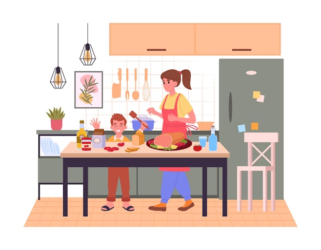 Mutter und Tochter kochen zu Hause Hausgemachte Mahlzeiten Vorbereitung Familie bereitet Essen auf dem Haustisch flache Vektor-Illustration Kochen mit Kind Szene