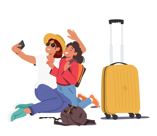 Mutter und Tochter machen Selfies in der Nähe von Gepäcktaschen und halten ihre Reiseerinnerungen auf unterhaltsame und aufregende Weise fest