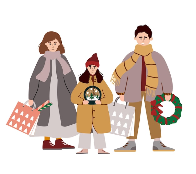 Vektor mutter, vater und tochter mit einkaufstasche, schneekugel, kranz, weihnachtsfamilieneinkauf.