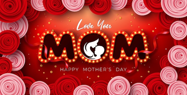 Muttertags-grußkarten-design mit rose flower und love you mom light bulb billboard lettering