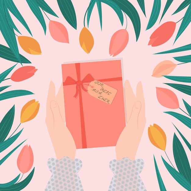 Muttertagsgrußkarte für die beste mutter aller zeiten geschenkbox in händen und tulpen