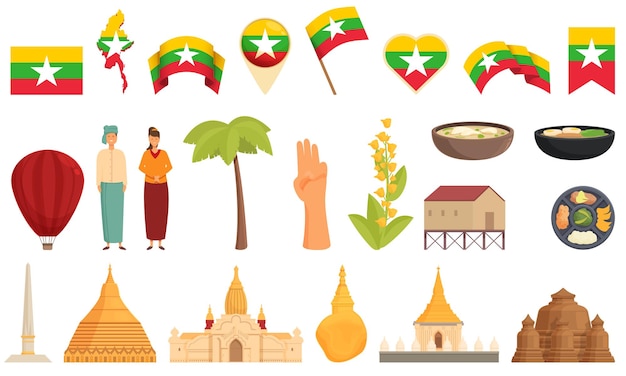 Myanmar-symbole setzen cartoon-vektor burma-wahrzeichen