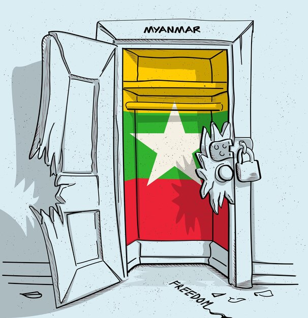 Myanmars path to freedom A political illustration of a broken but locked door
