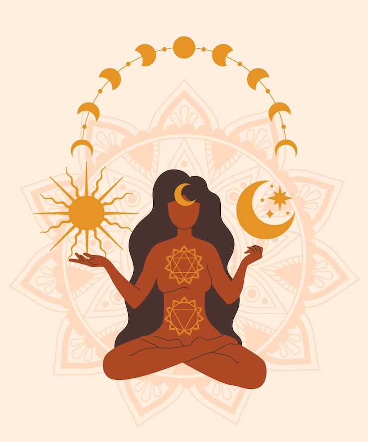 Vektor mysteriöse frau mit sonne und mond