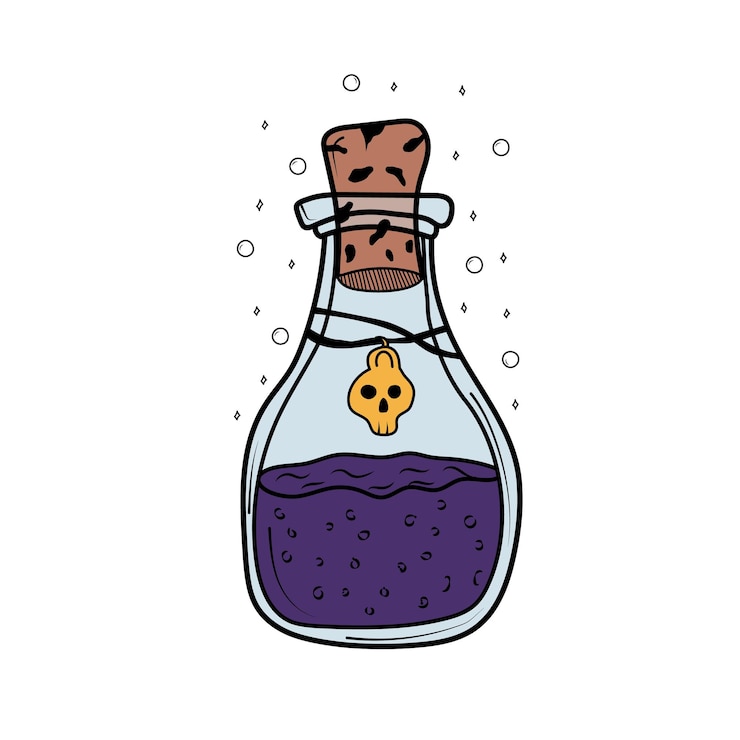 Vektor mysteriöser hexen zaubertrank für halloween ein magisches elixier in einer runden glasflasche mit einem hölzernen
