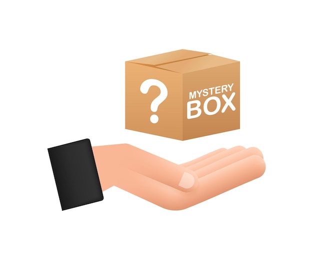 Mystery box mit händen verpackung für konzeptdesign überraschungsgeschenk verpackungsdesign hilfesymbol