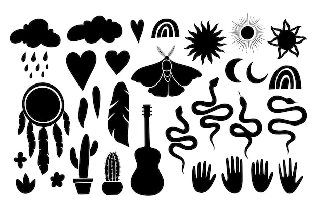 Mystische boho gotische symbole gesetzt. böhmisches symbol im linolschnitt-grafikstil. sammlung silhouetten sonne, mond, traumfänger, motte, schlange, feder, hände. vektorillustration lokalisiert auf weißem hintergrund.