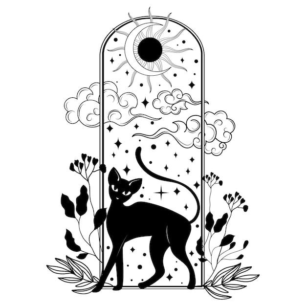 Vektor mystische schwarze katze, mond, sonne, gras, sterne, esoterische symbole, tattoo-logo