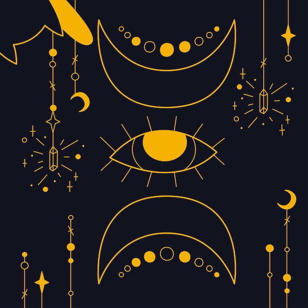 Mystische Zusammensetzung mit dem allsehenden Auge und Halbmondfarben Umrissillustration