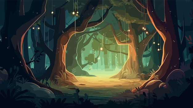 Mystischer Wald mit funkelnden Lichterketten im Hintergrund, Cartoon-Illustration