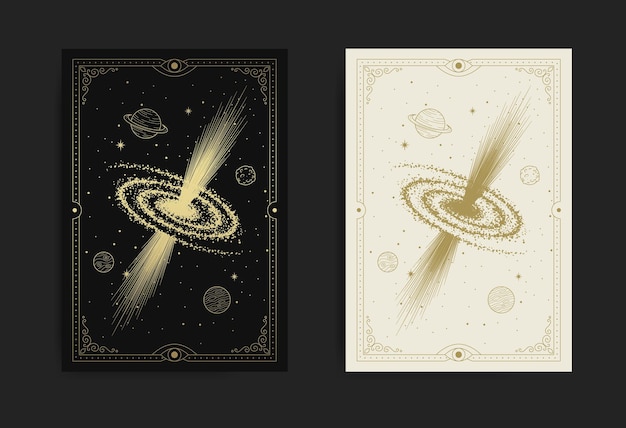 Mystisches schwarzes Loch im sternenklaren Weltraum-Luxusgravurillustration
