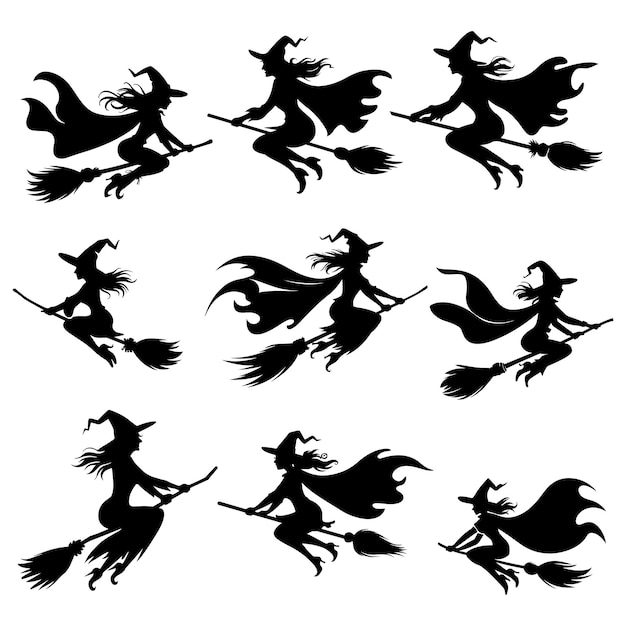 Mythische Figuren für Halloween Silhouette Hexe fliegt auf einem magischen Besenstock