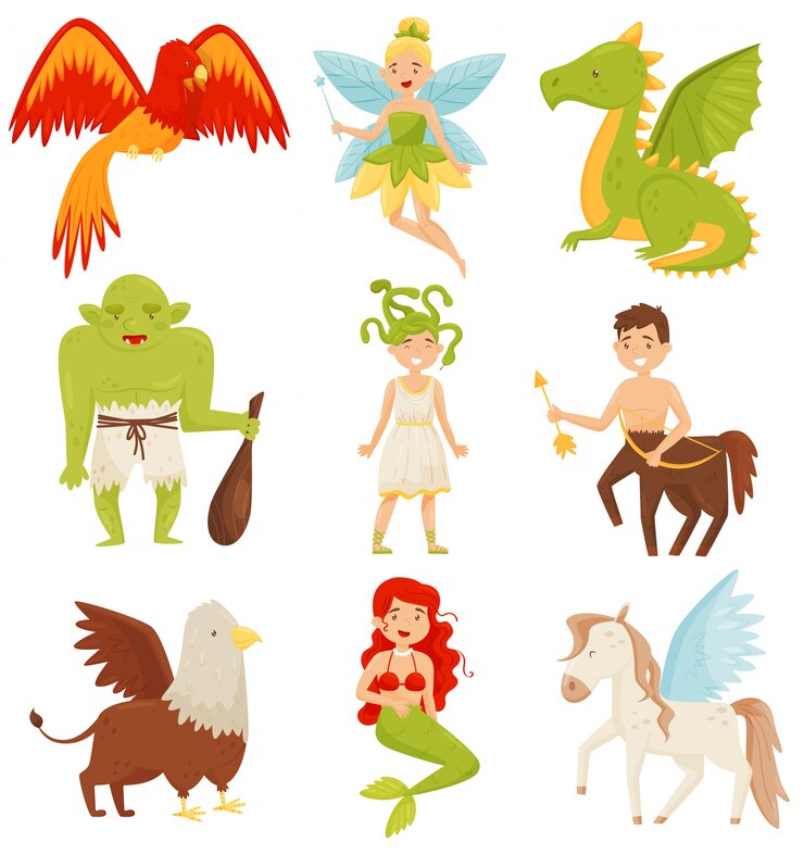 Vektor mythische märchenwesen gesetzt, zentaur, pegasus, griffin, medusa gorgon, meerjungfrau, drache, flaming phoenix vogel illustration