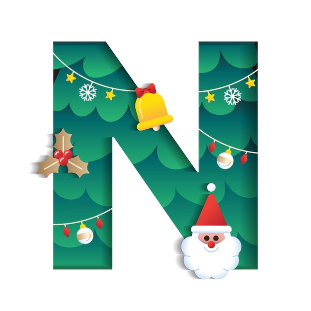 N alphabet font cute merry christmas bell weihnachtsmann stechpalme weihnachtsbaum element cartoon 3d-papier