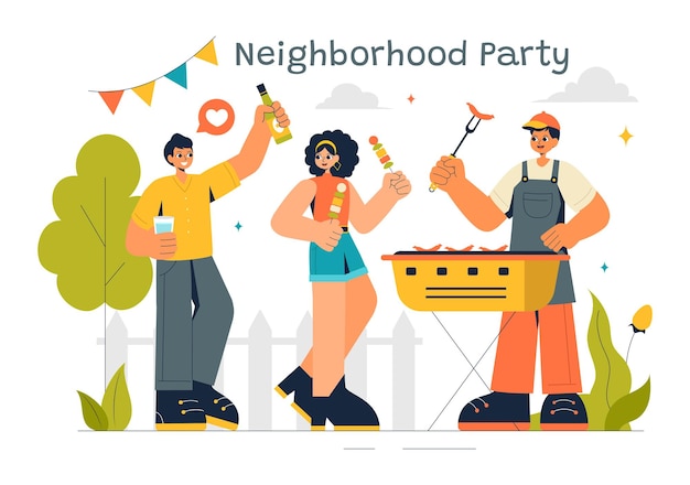 Nachbarschaftsereignisse Vektorillustration mit Freunden und Familie, die Feiertage mit einer Outdoor-Party, einem lokalen Food-Festival und einem BBQ-Tisch feiern