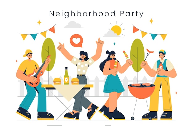 Nachbarschaftsereignisse Vektorillustration mit Freunden und Familie, die Feiertage mit einer Outdoor-Party, einem lokalen Food-Festival und einem BBQ-Tisch feiern