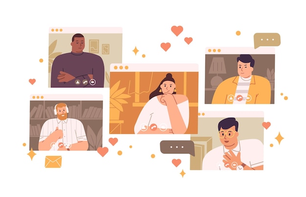 Nachdenkliche alleinstehende Frau, die Mann auf virtuelle Datierungsvektor-Flachillustration schaut. Weibliche Suche liebt es, zwischen verschiedenen Männchen zu wählen, die auf Weiß isoliert sind. Konzept der Online-Besprechung und Webkommunikation.