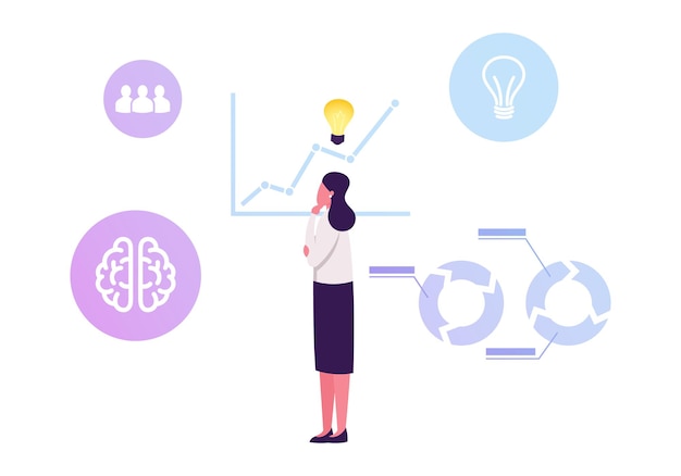 Vektor nachdenkliche geschäftsfrau mit glühender glühbirne über kopf stehen am wachsenden pfeil-diagramm, das statistikdaten analysiert. karikatur flache illustration