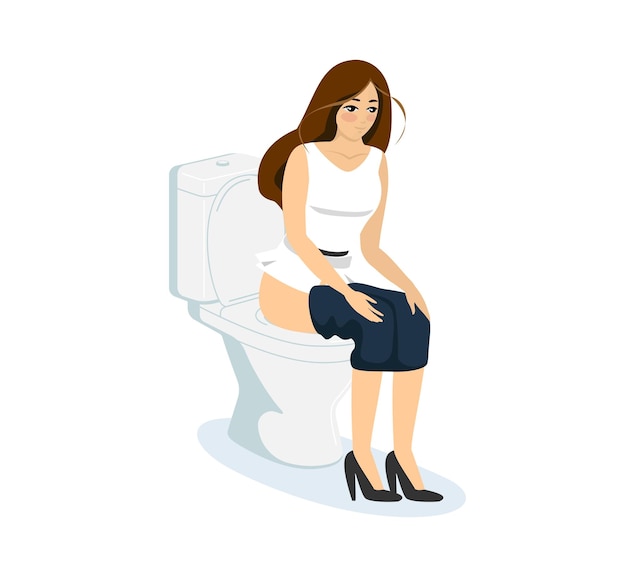 Nachdenkliche junge Frau, die in der Toilette pisst oder kackt Mädchen sitzt auf Toilettenschüssel in der Toilette weiblich
