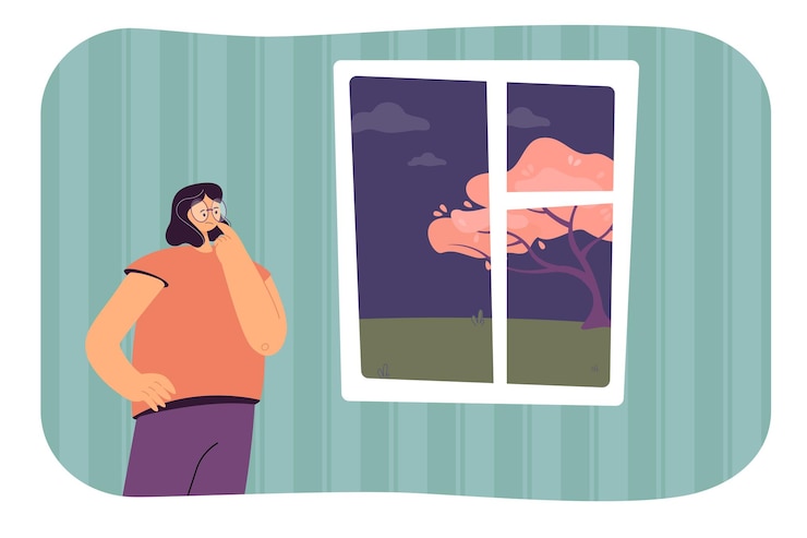 Vektor nachdenkliches mädchen, das nachts durch das fenster auf die straßen blickt. frau, die an flache vektorillustration des spaziergangs im freien denkt. entscheidung, auswahlkonzept für banner, website-design oder landing-webseite