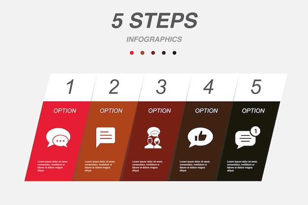 Nachrichten-app-kommentar-konversation social-media-benachrichtigungssymbole infografik-design-layout-vorlage kreatives präsentationskonzept mit 5 schritten