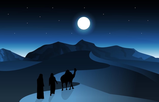 Nacht arabische wüste kamel karawane muslimische islamische kultur illustration