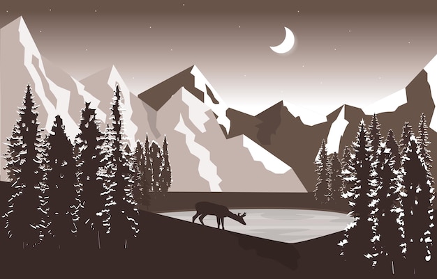 Nacht Berggipfel Kiefern Natur Landschaft Abenteuer Illustration