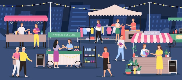Nacht Markt. Leute auf der Sommermesse im Freien. Straßenfestladen, Stall, Blumen-, Kleidungs- und Handwerkskosmetikladen. Vektorbanner für Stadtereignisse. Verkauf von Büchern und Naturkosmetik im Freien