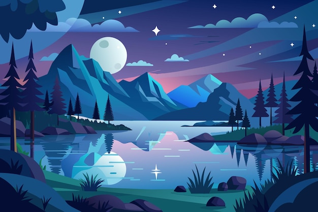 Vektor nacht-see-landschaft cartoon-vektor illustration flach-stil kunstwerk konzept