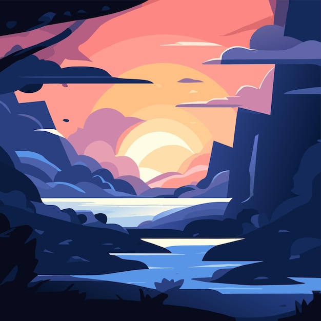 Vektor nacht see retro sonnenuntergang landschaft landschaft handgezeichnet flach stilvoll cartoon aufkleber ikonen konzept