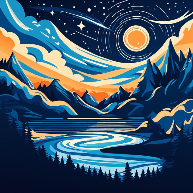 Vektor nacht see retro sonnenuntergang landschaft landschaft handgezeichnet flach stilvoll cartoon aufkleber ikonen konzept