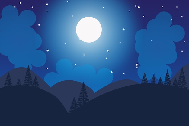 Nachtillustration glühender mond und sterne nachtvektorbäume und bergsilhouette