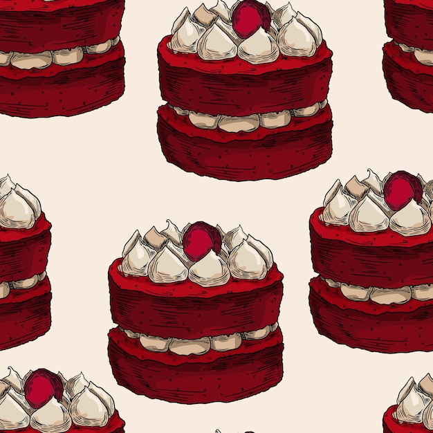 Nachtisch, kuchen, rot, skizze, hand, gezeichnet, seamless, pattern