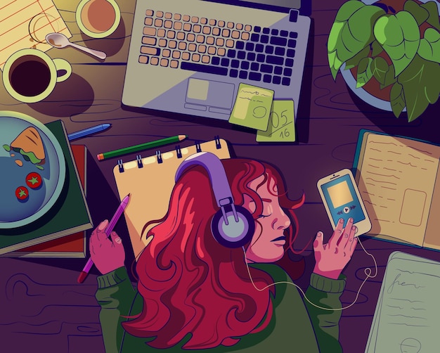 Nachtjob flache Illustration müde bei der Arbeit Mädchen müde von der Arbeit schlief an ihrem Schreibtisch ein