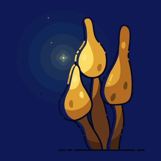 Nachtmärchen mit magischen gelben Pilzen mit Lichtern auf blauem Hintergrund im Cartoon-Stil