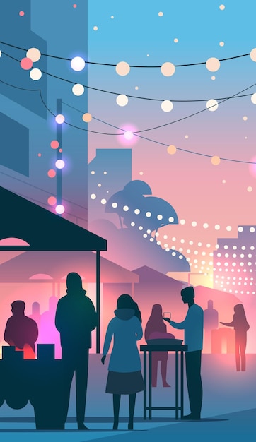 Nachtmarktszene: Menschen genießen Straßenessen, farbenfrohe Lichter, Stadtlandschaft