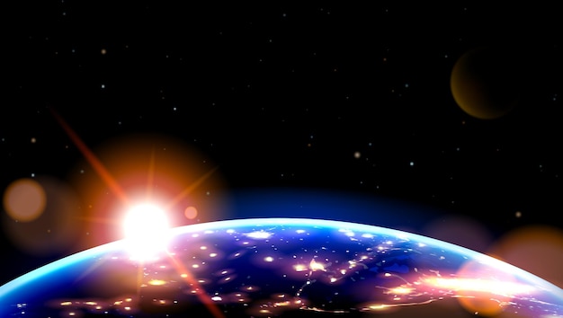 Nachtseite der Erde aus dem Weltraum bei Sonnenaufgang