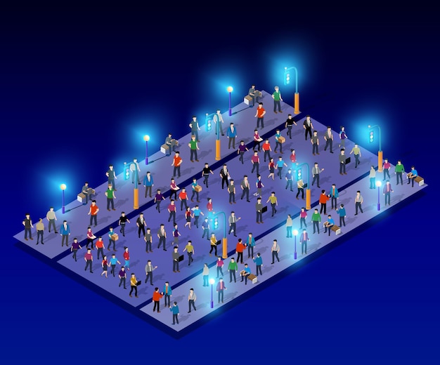 Nachtstadt mit laternenlichtern isometrische menschen 3d-darstellung