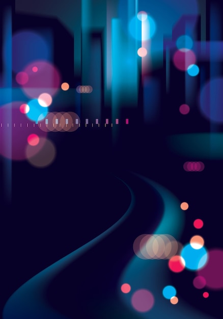 Nachtstadt mit verschwommenen Lichtern Bokeh Textur Vektor Illustration. Effekt Vektor schönen Hintergrund. Verschwommen farbenfroher dunkler Hintergrund mit Stadtbild, Gebäude Silhouetten Skyline.