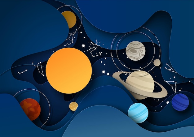 Nachtsternenhimmel mit Sonnensystemplaneten und Tierkreiskonstellationen, Vektorillustration im Papierkunststil. Astrologie, astronomisches Wissenschaftskonzept.