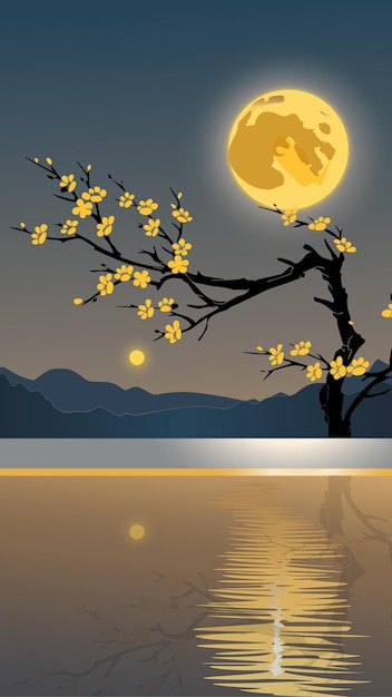 Nachtszene mit großem gelben Mond mit Blumenbaum
