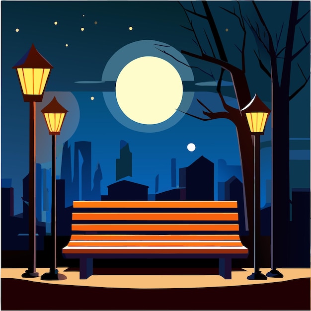 Nachtszene mit holzbank und hoher lampe mit beleuchtung im park cartoon cityscape