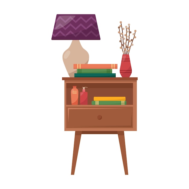 Nachttisch mit Lampe, Büchern, Vase mit getrockneten Blumen, Creme für Hand und Gesicht, Vektorillustration