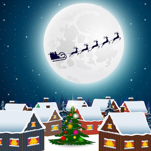 Nachtweihnachtswaldlandschaft Der Weihnachtsmann fliegt Rentiere im Hintergrund des Mondes