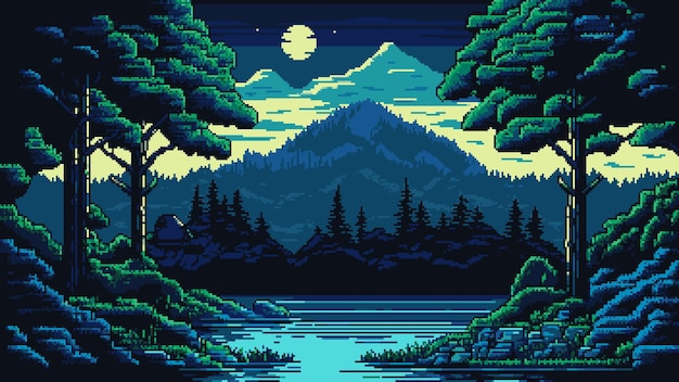 Nächtliche bergseelandschaft, ki-generierte 8-bit-pixel-spielszene, vektorkiefern- und tannenwaldbäume, silhouetten auf grünen berghügeln und felsbänken mit ruhigem seewasser, dunkler himmel, vollmondsterne