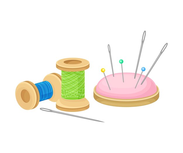 Vektor näh- und schneidereinrichtung mit spule und nadeln in einer kissenvektorillustration